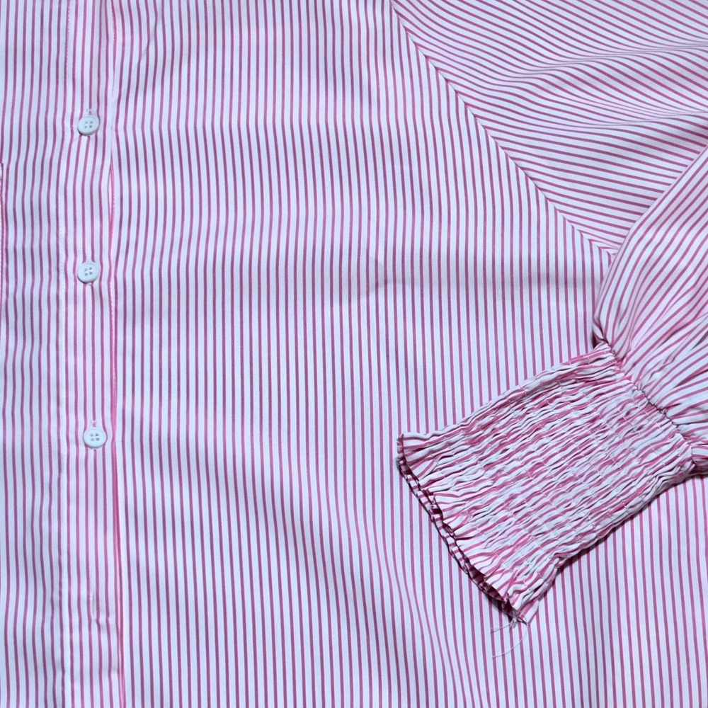 Pink White Striped Button Down Tunic Shirt Smocked Cuffs Relaxed Fit Top XL - Picture 3 of 9
